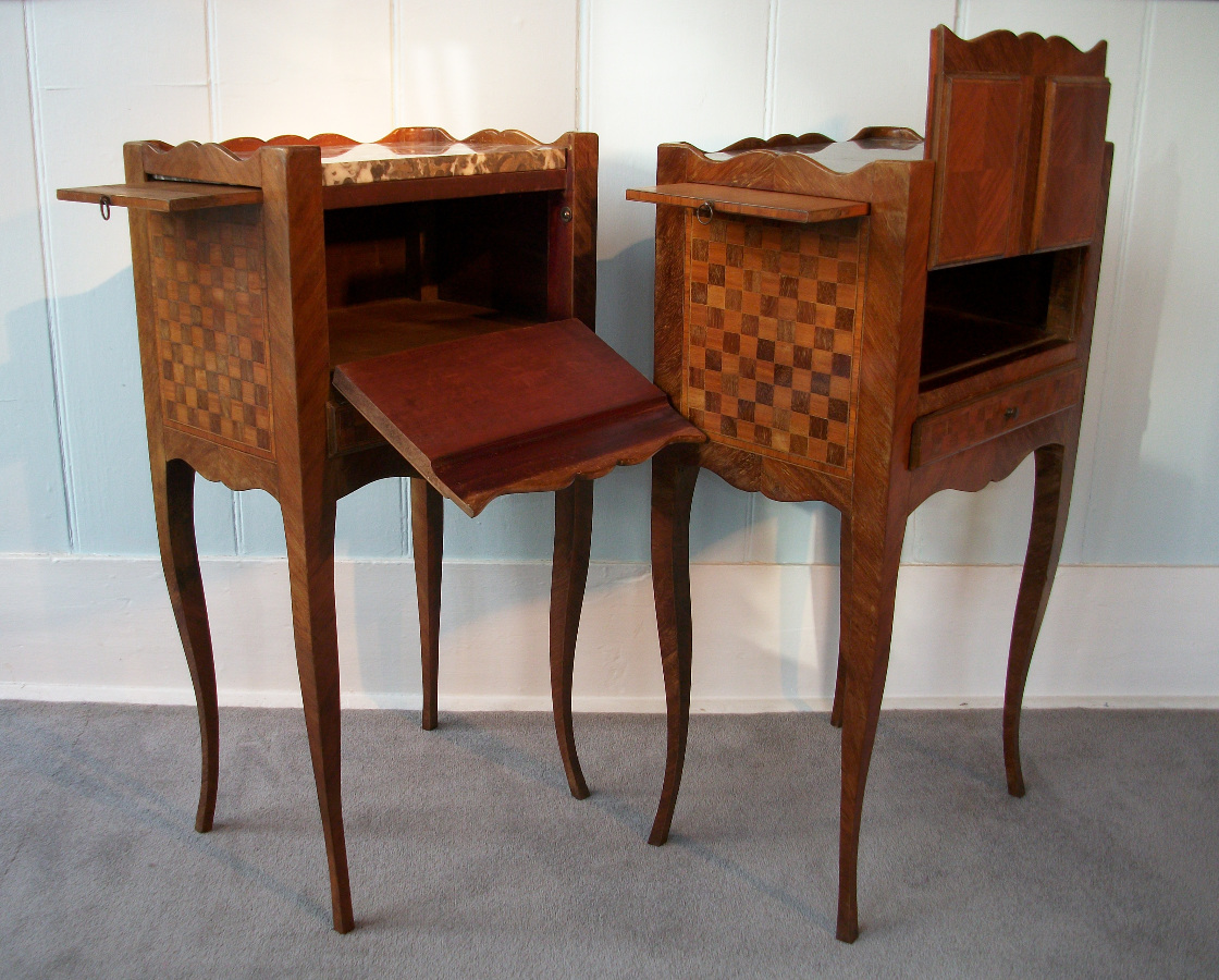 Pair of French marquetry bedside cabinets